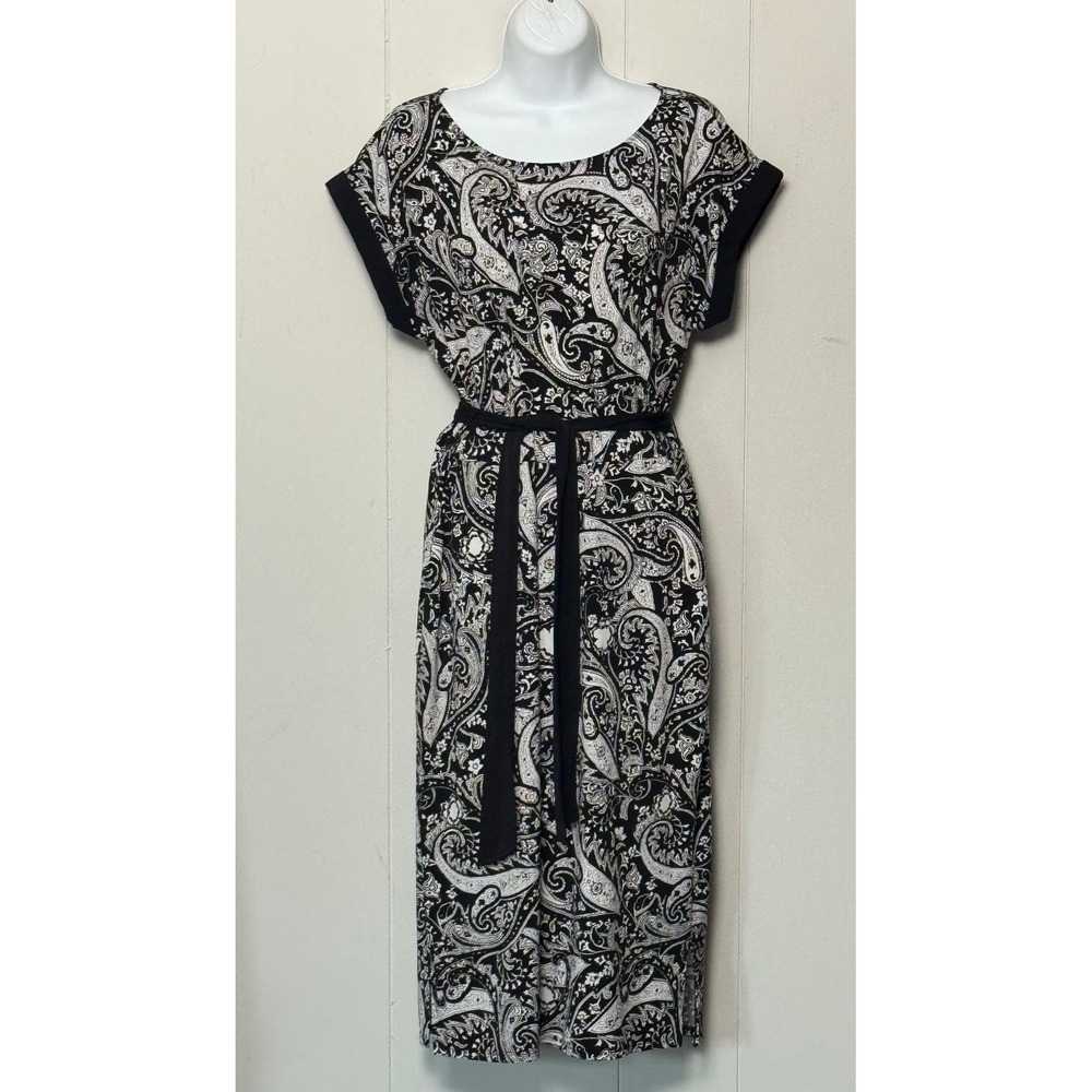 WHBM White House Black Market Paisley Sheath Dress Black White Belted Size Small